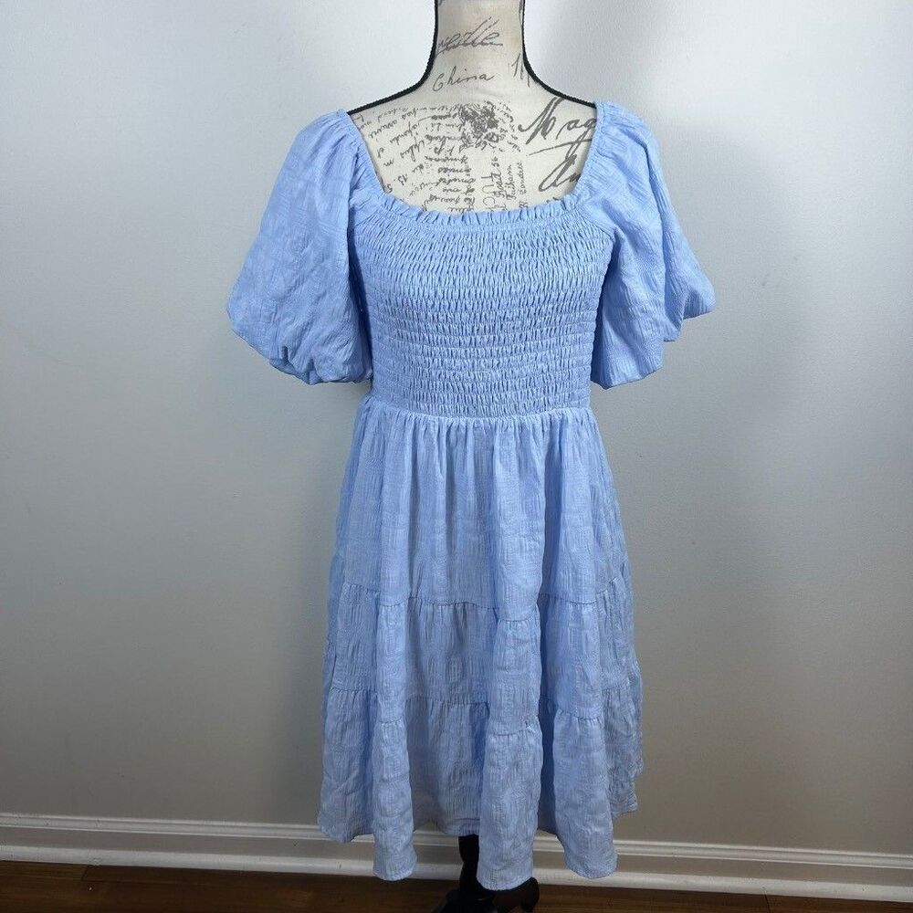 Mittoshop Smocked Tiered Midi Dress Womens Large Light Blue Puff Sleeve Textured